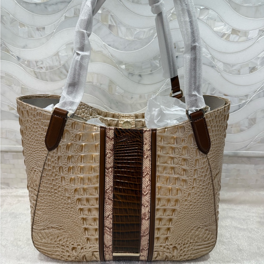 Brahmin Contour Melbourne Elegant Tan and Brown Croc-Embossed Women's Bag Tote